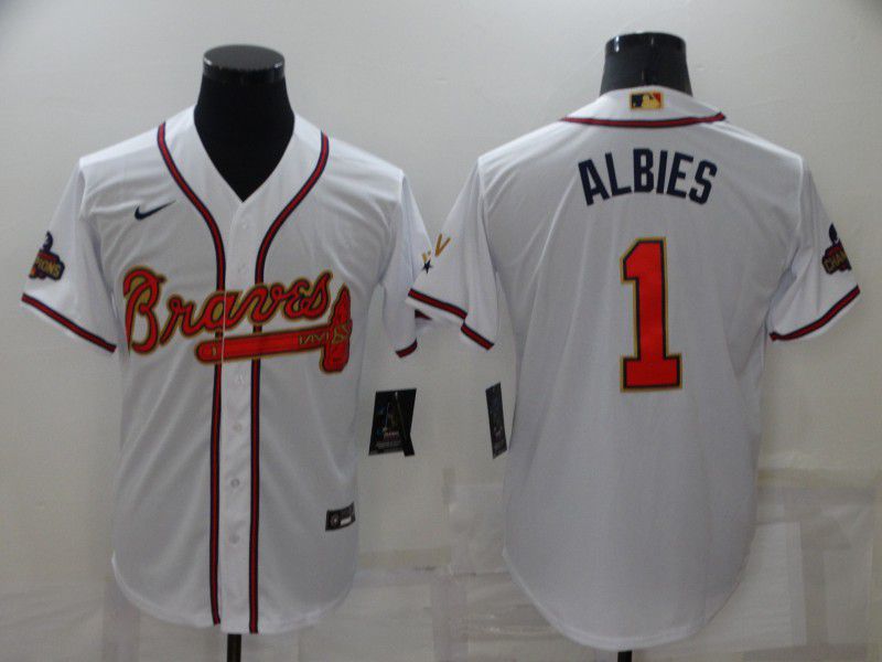 Men Atlanta Braves #1 Albies White Gold Game Nike 2022 MLB Jersey